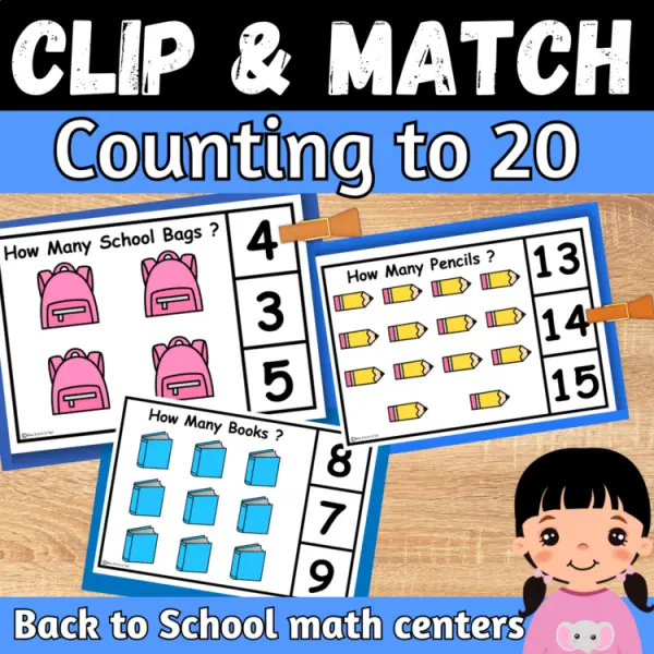 Cover of Back to School Matching numbers to quantities Math counting to 20 Clip And Match