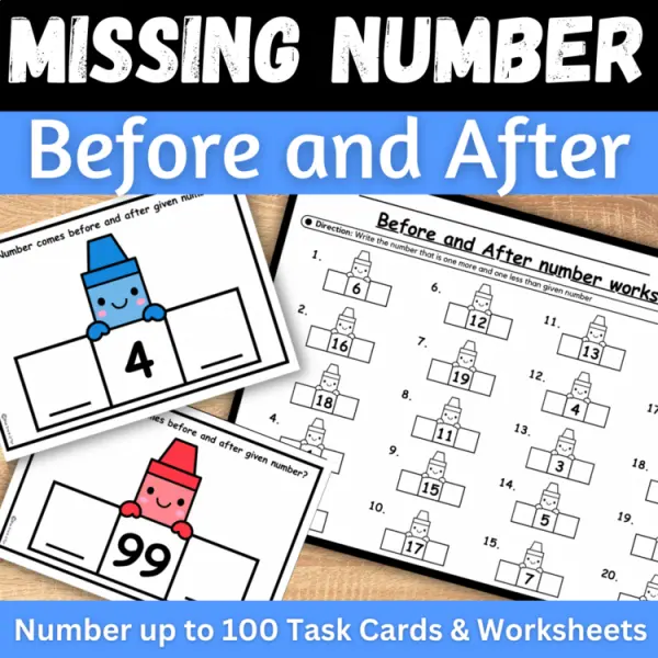 Cover of Back to school Math Before and After Numbers worksheets & Task cards