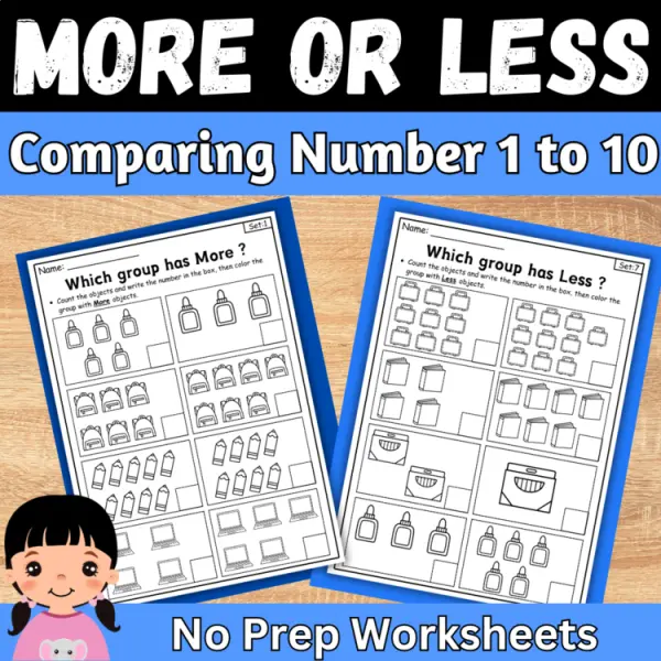 Cover of Back to School More or Less comparing Numbers to 10 Kindergarten Math Worksheets