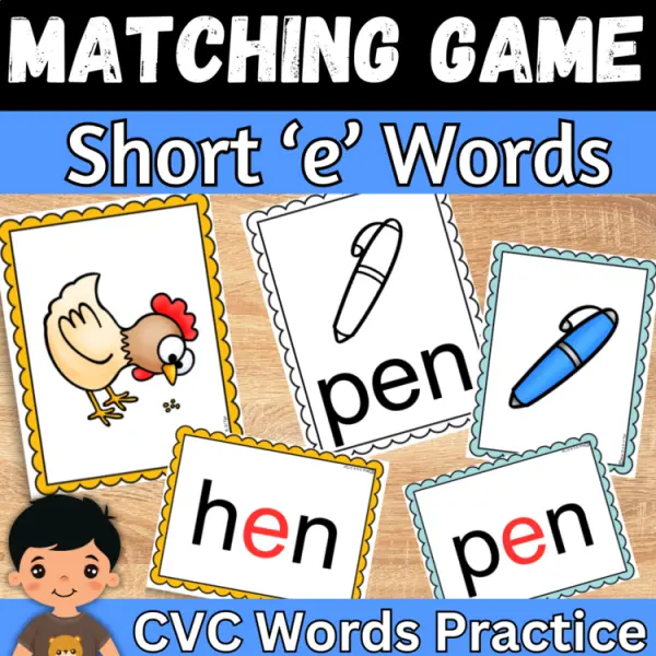 Cover of CVC Words flashcards with Pictures Short ‘e’ Matching Game For Kindergarten