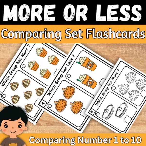Cover of Fall Treats More or Less comparing Numbers to 10 Kindergarten Math Task cards