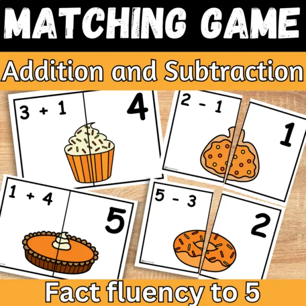 Cover of Fall Math Addition & Subtraction within 5 Matching game for Kindergarten