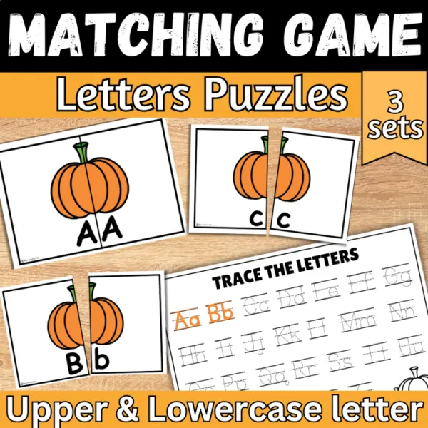 Cover of Fall Pumpkin letter matching uppercase and lowercase worksheet for Kindergarten