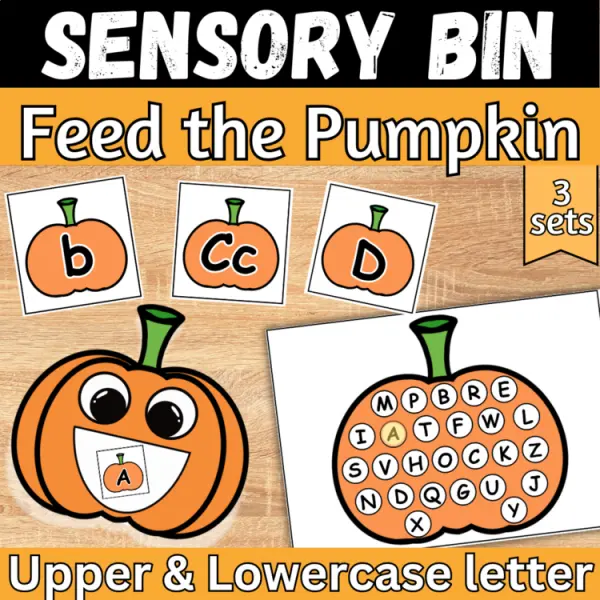 Cover of Fall Sensory bin uppercase and lowercase letter match Pumpkin Activity