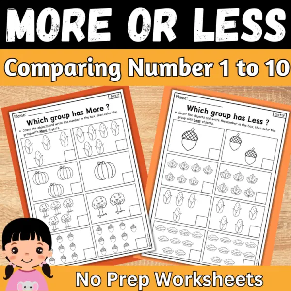 Cover of Fall More or Less comparing Numbers to 10 Kindergarten Math Worksheets