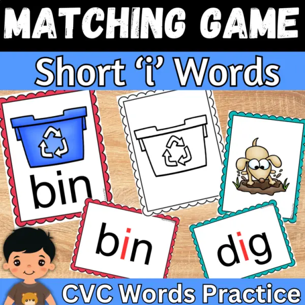 Cover of CVC Words flashcards with Pictures Short ‘i’ Matching Game For Kindergarten