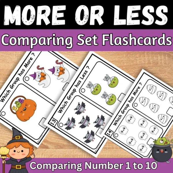 Cover of Halloween More or Less comparing Numbers to 10 Kindergarten Math Task cards