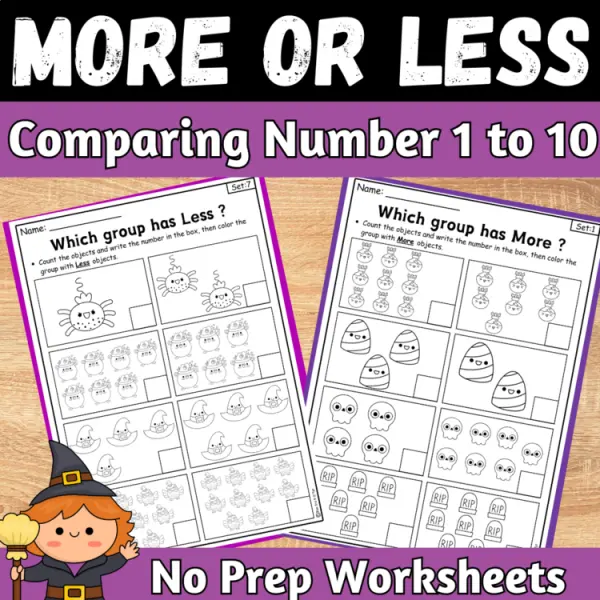 Cover of Halloween More or Less comparing Numbers to 10 Kindergarten Math Worksheets