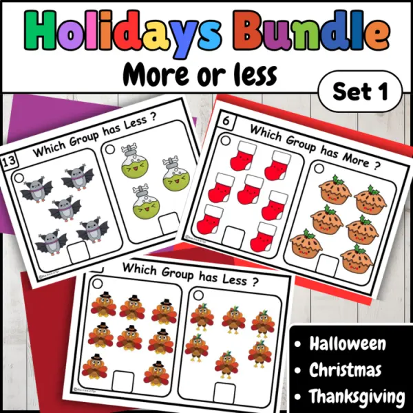 Cover of Holidays More or Less count and compare Numbers to 10 Kindergarten Math Bundle