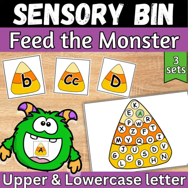 Cover of Halloween Sensory bin uppercase and lowercase letter match Feed The Monster game