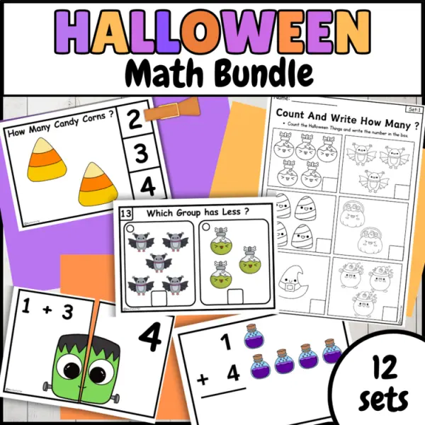 Cover of Halloween Math worksheets and task cards for Kindergarten activity Bundle