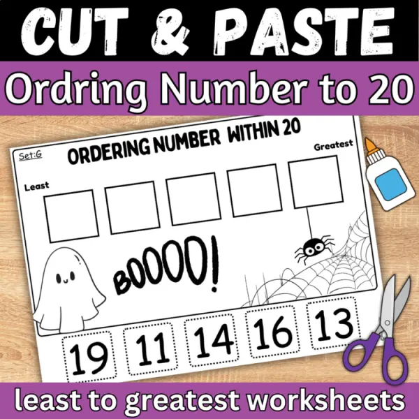 Cover of Halloween ordering numbers least to greatest worksheets to 20 cut and paste math