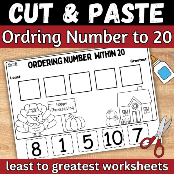 Cover of Thanksgiving ordering Numbers to 20 least to greatest cut and paste worksheets