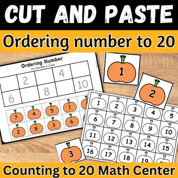 Cover of Fall Ordering Numbers to 20 Cut and paste Worksheets Math Counting Activity