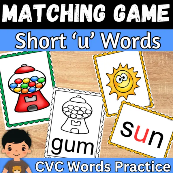 Cover of CVC Words flashcards with Pictures Short ‘u’ Matching Game For Kindergarten