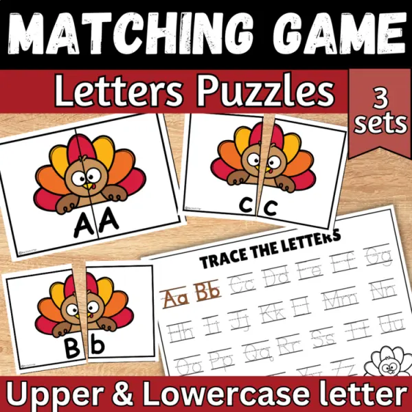 Cover of Thanksgiving letter matching uppercase and lowercase worksheet sensory bin