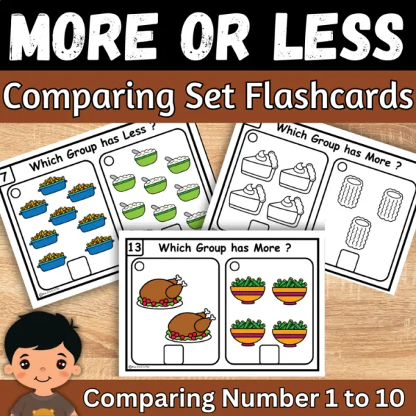 Cover of Thanksgiving More or Less comparing Numbers to 10 Kindergarten Math Task cards
