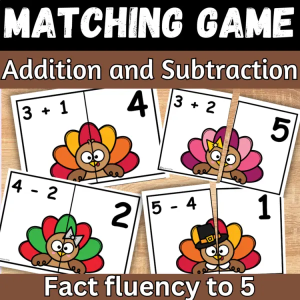 Cover of Thanksgiving Math Addition and Subtraction within 5 Kindergarten Matching game