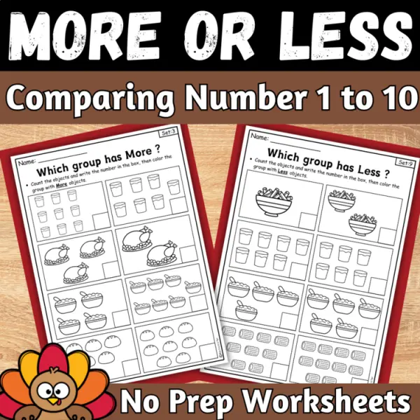 Cover of Thanksgiving More or Less comparing Numbers to 10 Kindergarten Math Worksheets