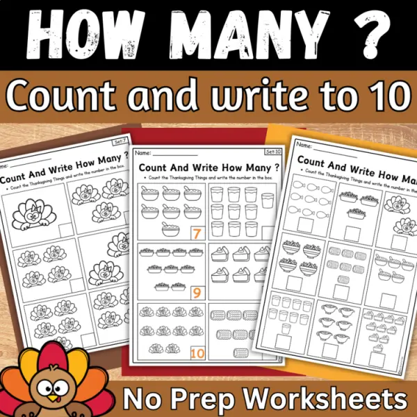 Cover of Thanksgiving Count And Write How many Counting to 10 Worksheets for kindergarten
