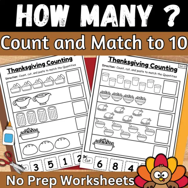 Cover of Thanksgiving matching numbers to quantities to 10 math cut and paste worksheets
