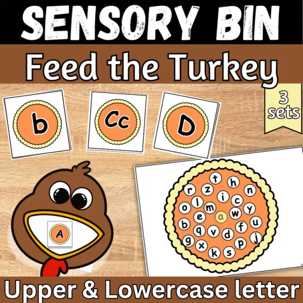 Cover of Thanksgiving Sensory bin uppercase and lowercase letter match Feed The Turkey