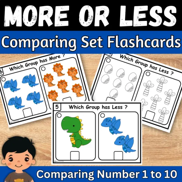 Cover of Dinosaur More or Less comparing Numbers to 10 Kindergarten Math Task cards