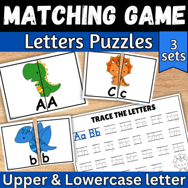 Cover of Dinosaur letter matching uppercase and lowercase worksheet sensory bin center