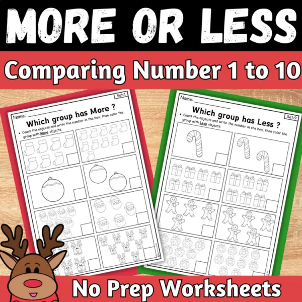 Cover of Christmas More or Less comparing Numbers to 10 Kindergarten Math Worksheets