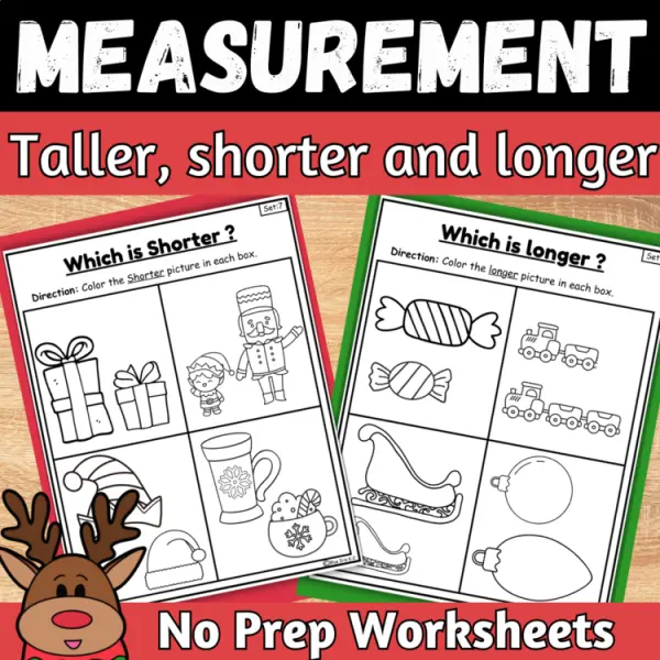 Cover of Christmas measurement Taller, longer and Shorter Kindergarten Math Worksheets