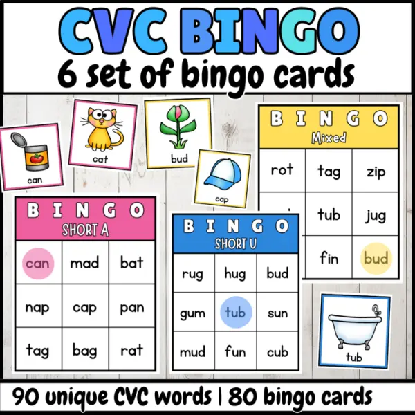 Cover of CVC words bingo game: Short Vowels calling cards with pictures for kindergarten
