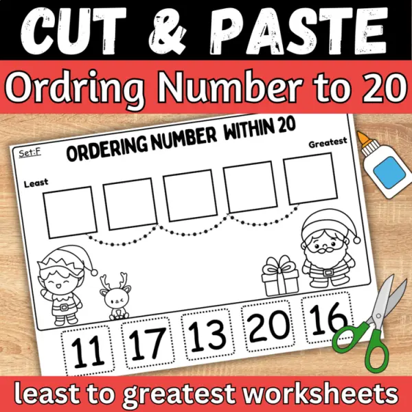 Cover of Christmas ordering Numbers to 20 least to greatest cut and paste worksheets