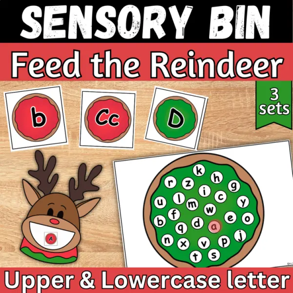 Cover of Christmas Sensory bin uppercase and lowercase letter match Feed The Reindeer