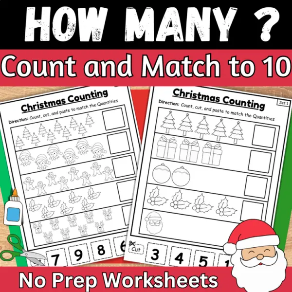 Cover of Christmas matching numbers to quantities counting math cut and paste worksheet