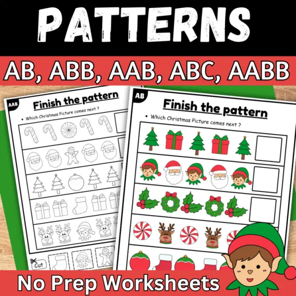 Cover of Christmas Finish the AB pattern cut and paste worksheet for kindergarten math