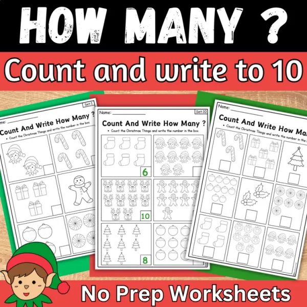 Cover of Christmas Count And Write How many Counting to 10 Worksheets for kindergarten