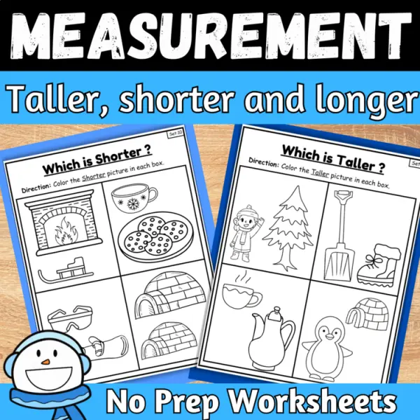 Cover of Winter measurement length Taller, longer and Shorter Kindergarten Math Worksheet