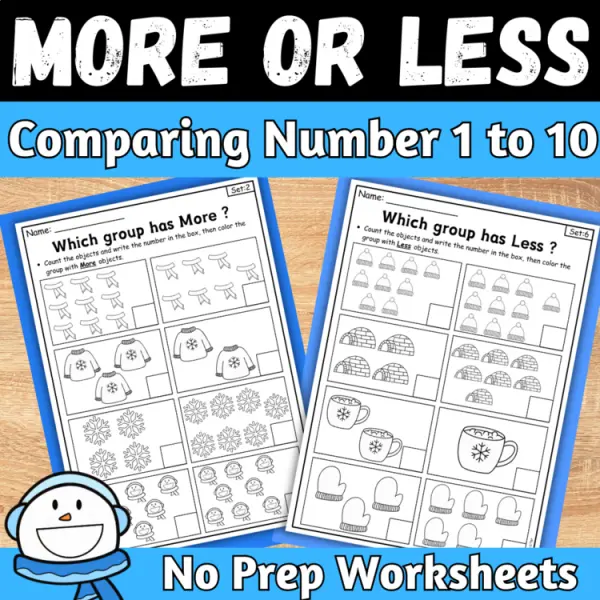 Cover of Winter More or Less comparing Numbers to 10 Kindergarten Math Worksheets