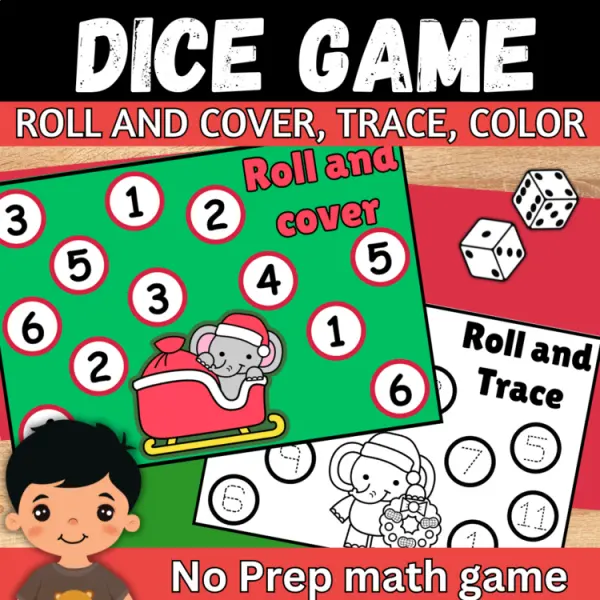 Cover of Christmas Elephant Roll and Cover, Trace, Color Dice math Game for Kindergarten