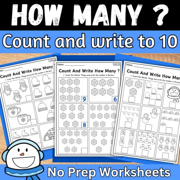 Cover of Winter Count And Write How many Counting to 10 Worksheets for kindergarten math