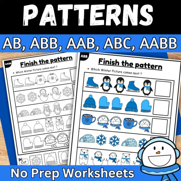 Cover of Winter Finish the AB pattern cut and paste worksheet for kindergarten math
