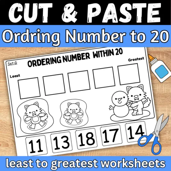 Cover of Winter Ordering Numbers to 20 least to greatest cut and paste worksheets