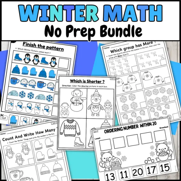 Cover of Winter Math Bundle packet no prep Kindergarten more or less, counting Worksheets