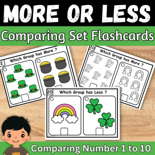 Cover of St Patricks day More or Less counting & comparing to 10 Kindergarten Task cards