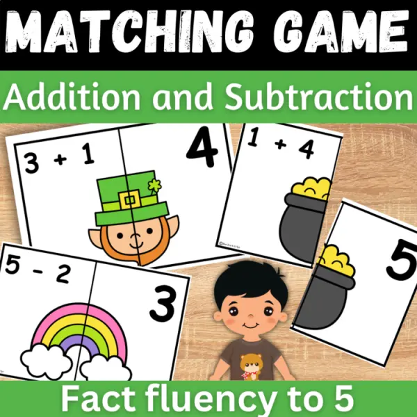 Cover of St Patricks Day Math Addition & Subtraction within 5 Kindergarten Matching game