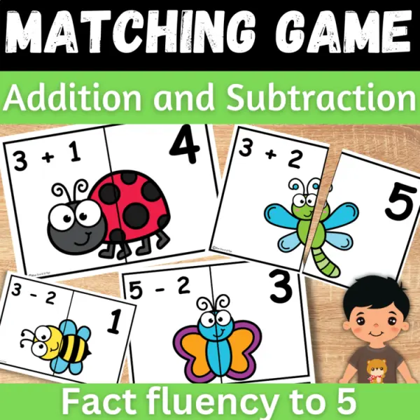 Cover of Spring Bugs Math Addition & Subtraction within 5 Kindergarten Matching game