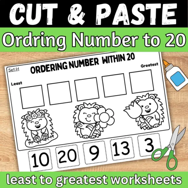 Cover of Spring Ordering Numbers to 20 least to greatest cut and paste worksheets