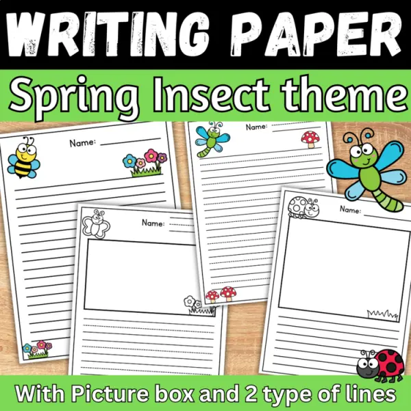 Cover of Spring insect kindergarten writing paper with picture box and Primary lines