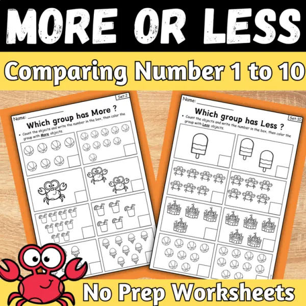 Cover of Summer More or Less comparing Numbers to 10 Kindergarten Math Worksheets