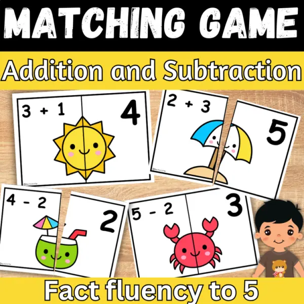 Cover of Summer Beach day Math Addition & Subtraction within 5 Kindergarten Matching game